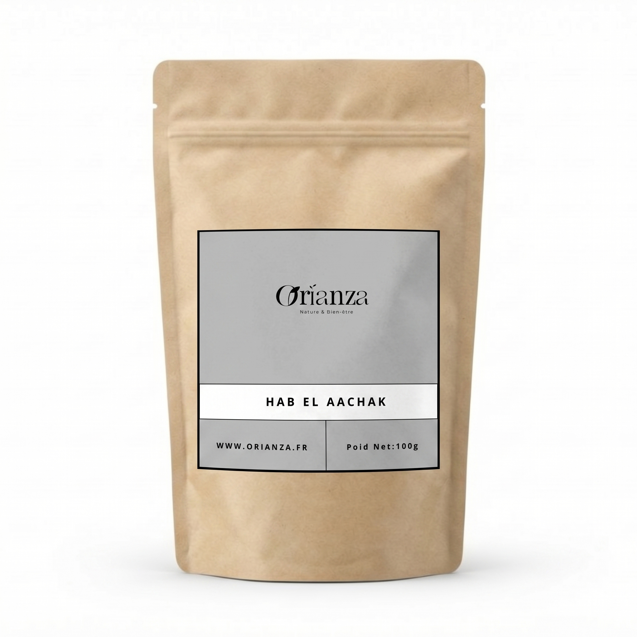 Sachet kraft de Graines d'Abrus (Hab El Aachak) de la marque Orianza, emballage hermétique protégeant la qualité et l'éclat des graines.