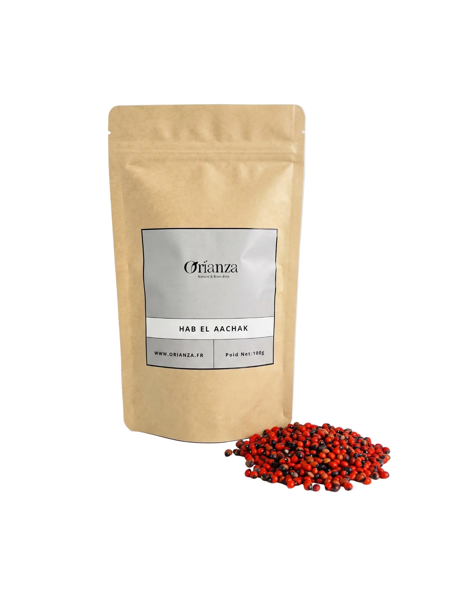 Sachet d'apothicaire en kraft de Hab El Aachak Orianza Selection, graines d'abrus rouges et noires avec quelques graines à côté.