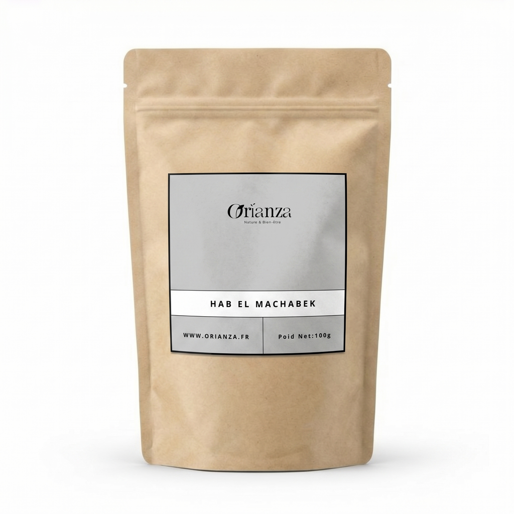 Sachet kraft de Graines de Hab El Machabek de la marque Orianza, emballage hermétique protégeant les huiles essentielles boisées.