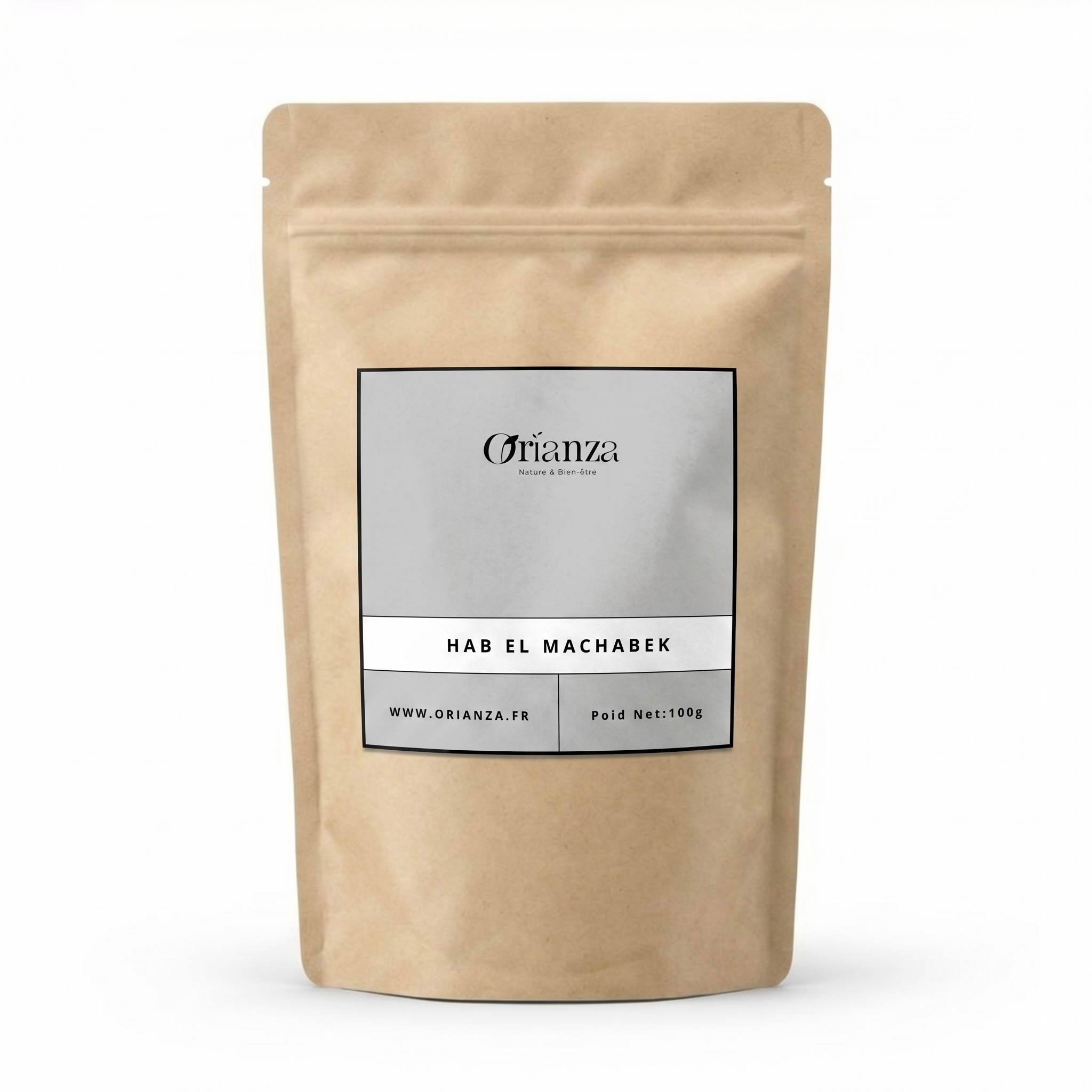 Sachet kraft de Graines de Hab El Machabek de la marque Orianza, emballage hermétique protégeant les huiles essentielles boisées.