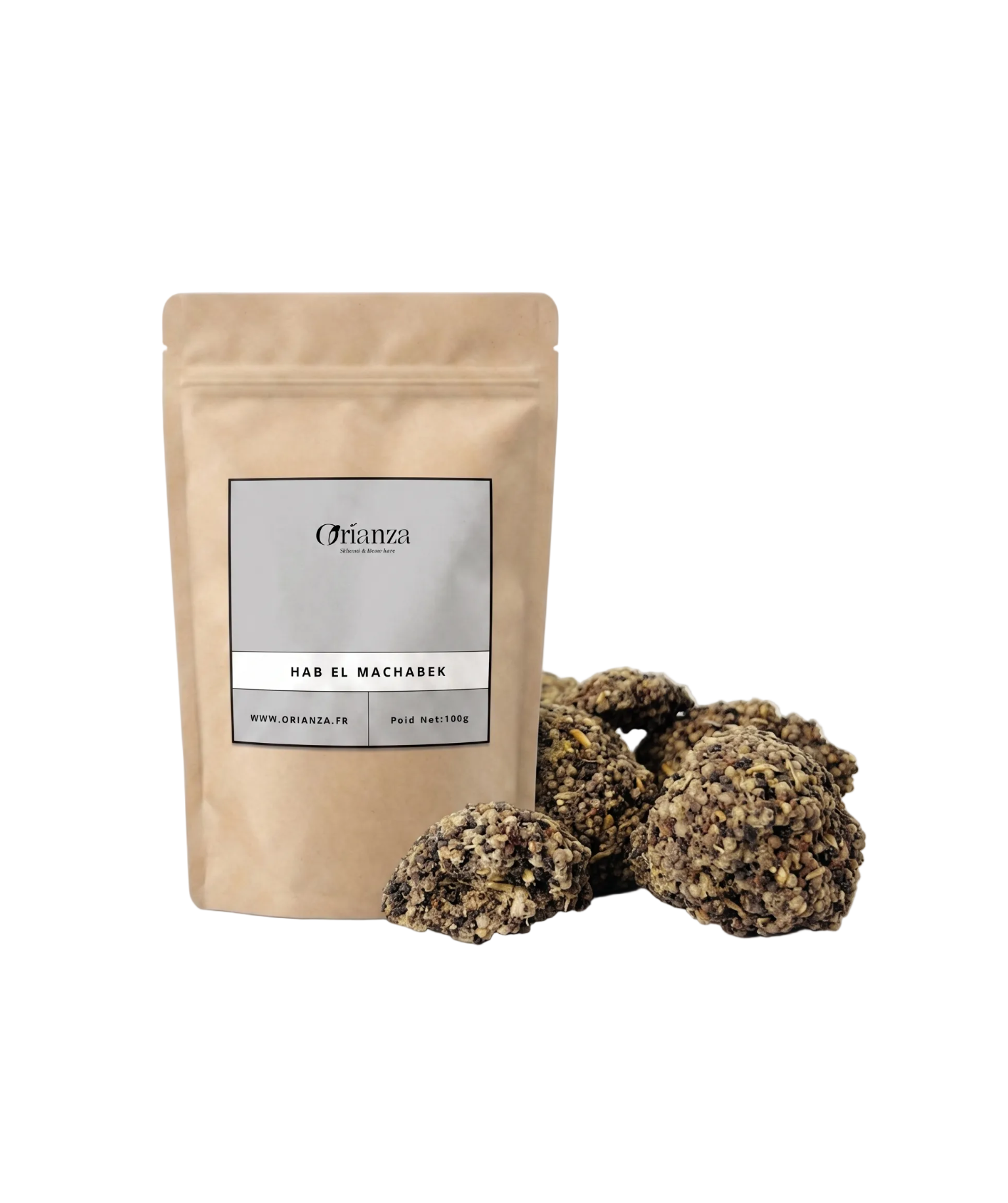 Sachet d'apothicaire en kraft de Hab El Machabek Orianza Selection, encens traditionnel en graines avec quelques morceaux à côté.