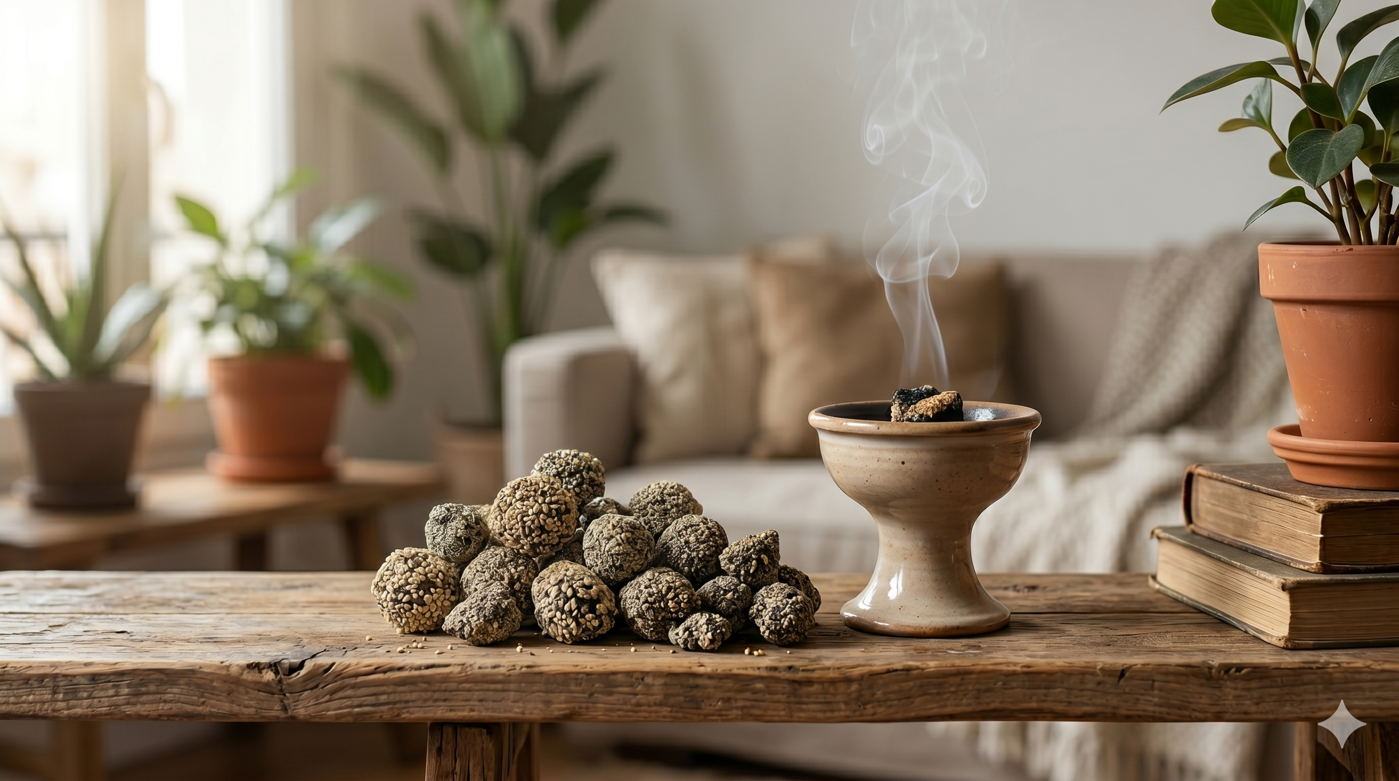 Rituel de fumigation traditionnelle avec le sachet de Hab El Machabek Orianza posé à côté d'une magnifique encensoir fumant sur charbon.