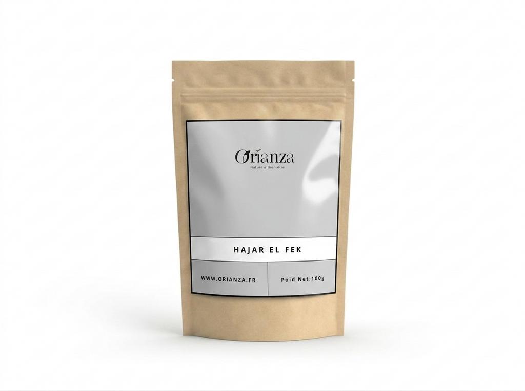 Sachet kraft de Hajar El Fek (Pierre Traditionnelle) de la marque Orianza, emballage hermétique protégeant la force minérale naturelle.
