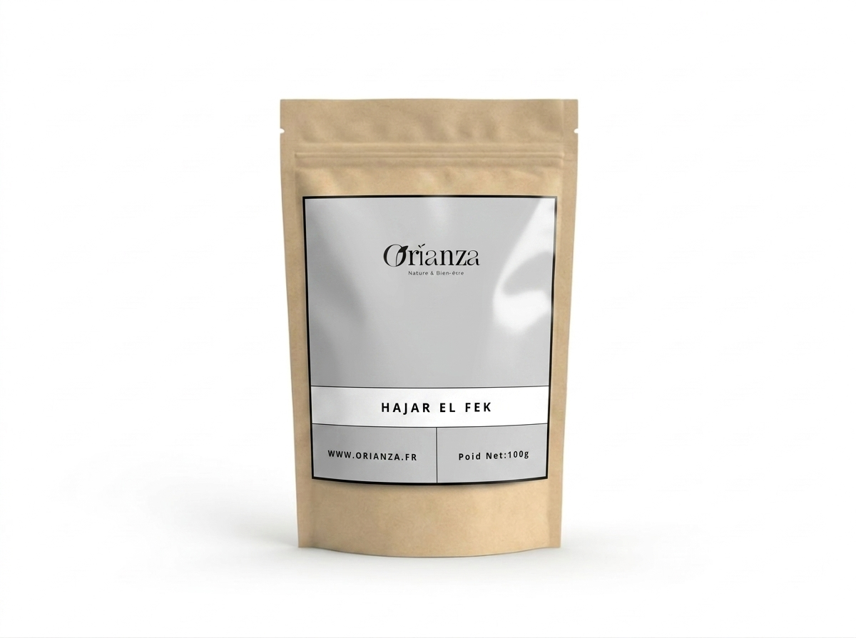 Sachet kraft de Hajar El Fek (Pierre Traditionnelle) de la marque Orianza, emballage hermétique protégeant la force minérale naturelle.