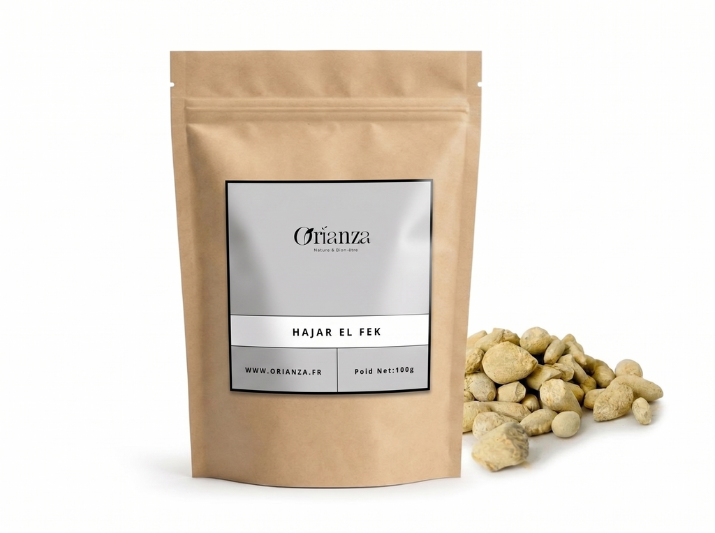 Sachet d'apothicaire en kraft de Hajar El Fek Orianza Selection, pierre minérale brute pour encens avec quelques morceaux à côté.