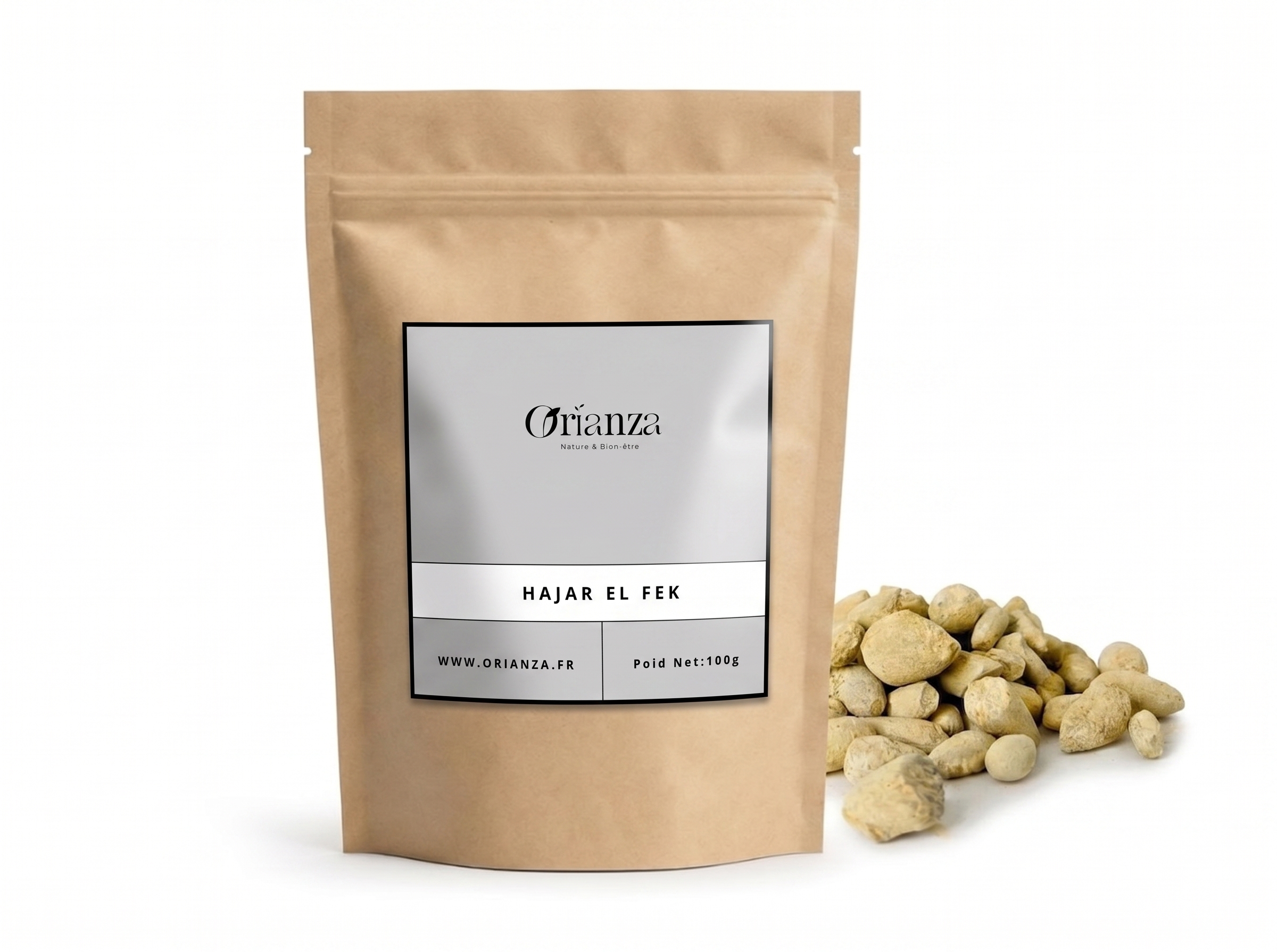 Sachet d'apothicaire en kraft de Hajar El Fek Orianza Selection, pierre minérale brute pour encens avec quelques morceaux à côté.