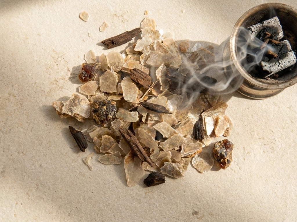 Rituel de purification de l'habitat avec la pierre minérale Hajar Ennasr Orianza posée à côté d'une magnifique encensoir traditionnel fumant.