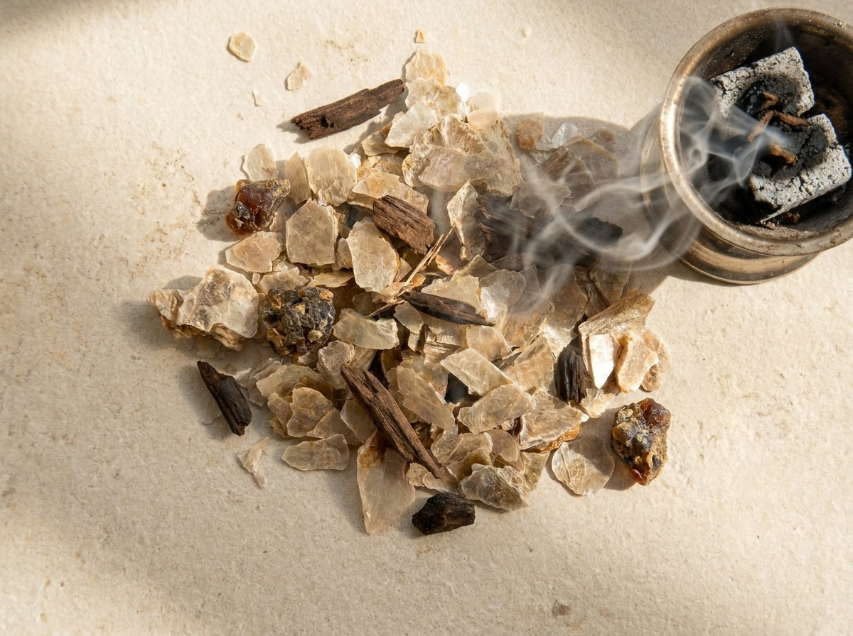 Rituel de purification de l'habitat avec la pierre minérale Hajar Ennasr Orianza posée à côté d'une magnifique encensoir traditionnel fumant.