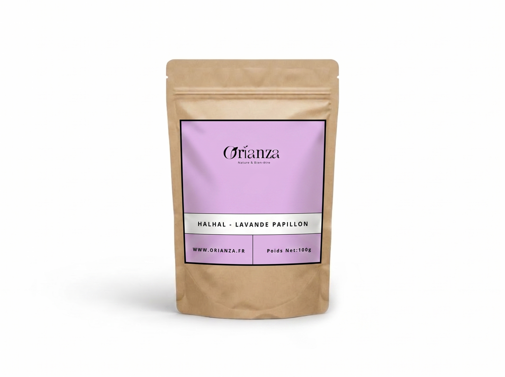 Sachet kraft de Lavande Papillon (Halhal) de la marque Orianza, emballage hermétique protégeant les huiles essentielles.