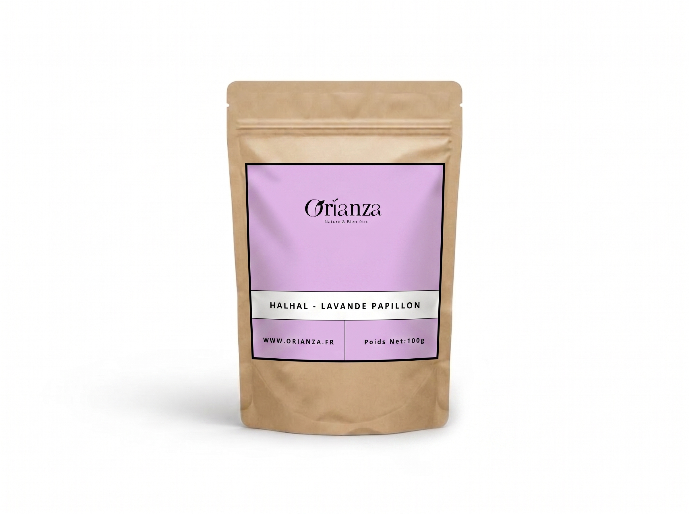 Sachet kraft de Lavande Papillon (Halhal) de la marque Orianza, emballage hermétique protégeant les huiles essentielles.