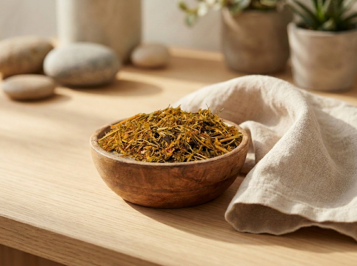 Une ambiance de chambre sereine en image lifestyle, mettant en scène un sachet de Halhal Orianza posé à côté d'un linge en coton frais.