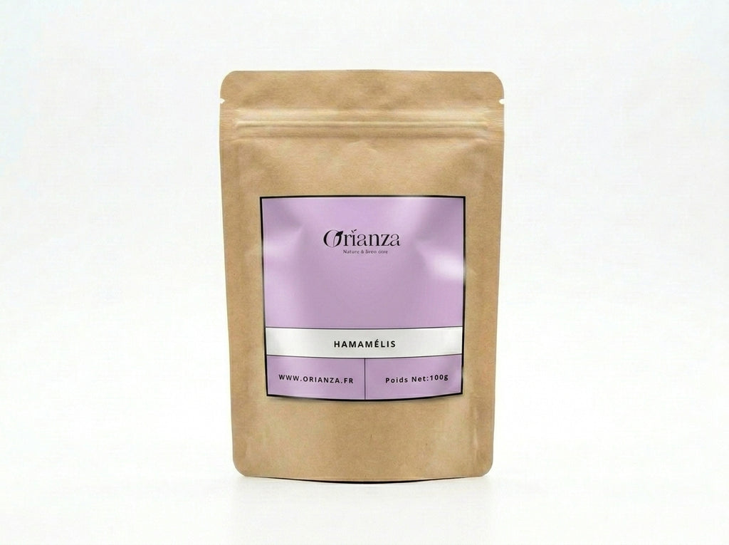 Sachet d'apothicaire en kraft de Feuilles d'Hamamélis Orianza Selection, plantes pures pour circulation et soin de la peau.
