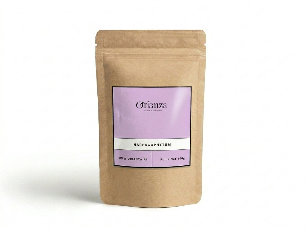 Sachet d'apothicaire en kraft de Racine d'Harpagophytum Orianza Selection, plantes pures contre les raideurs articulaires.