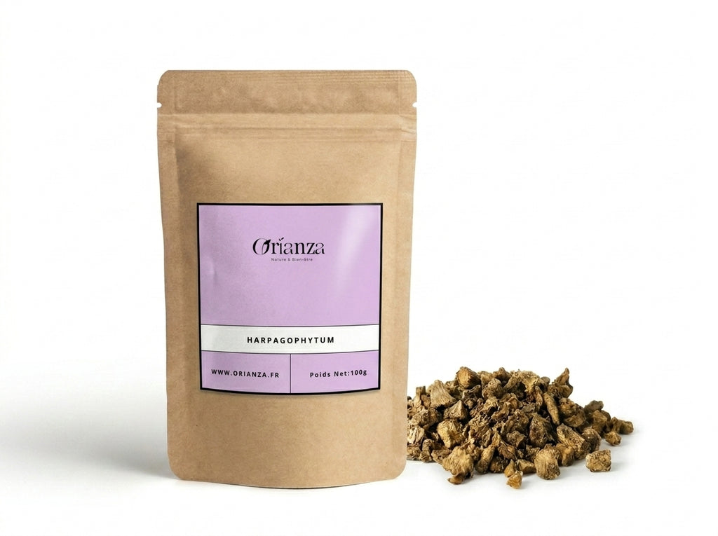 Sachet d'apothicaire en kraft de Racine d'Harpagophytum Orianza Selection, plantes pures contre les raideurs articulaires.