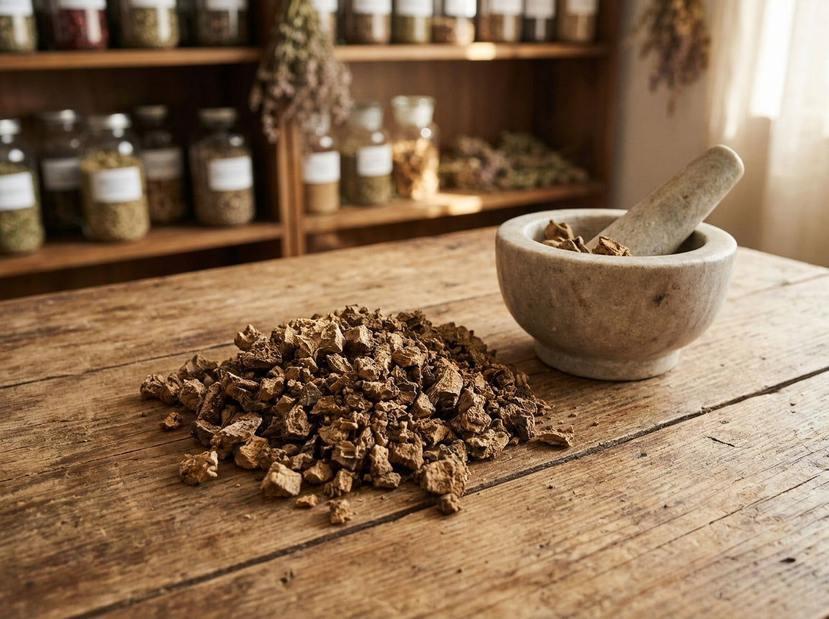 Gros plan sur les morceaux coupés de racine d'harpagophytum pur, riches en harpagosides anti-inflammatoires.