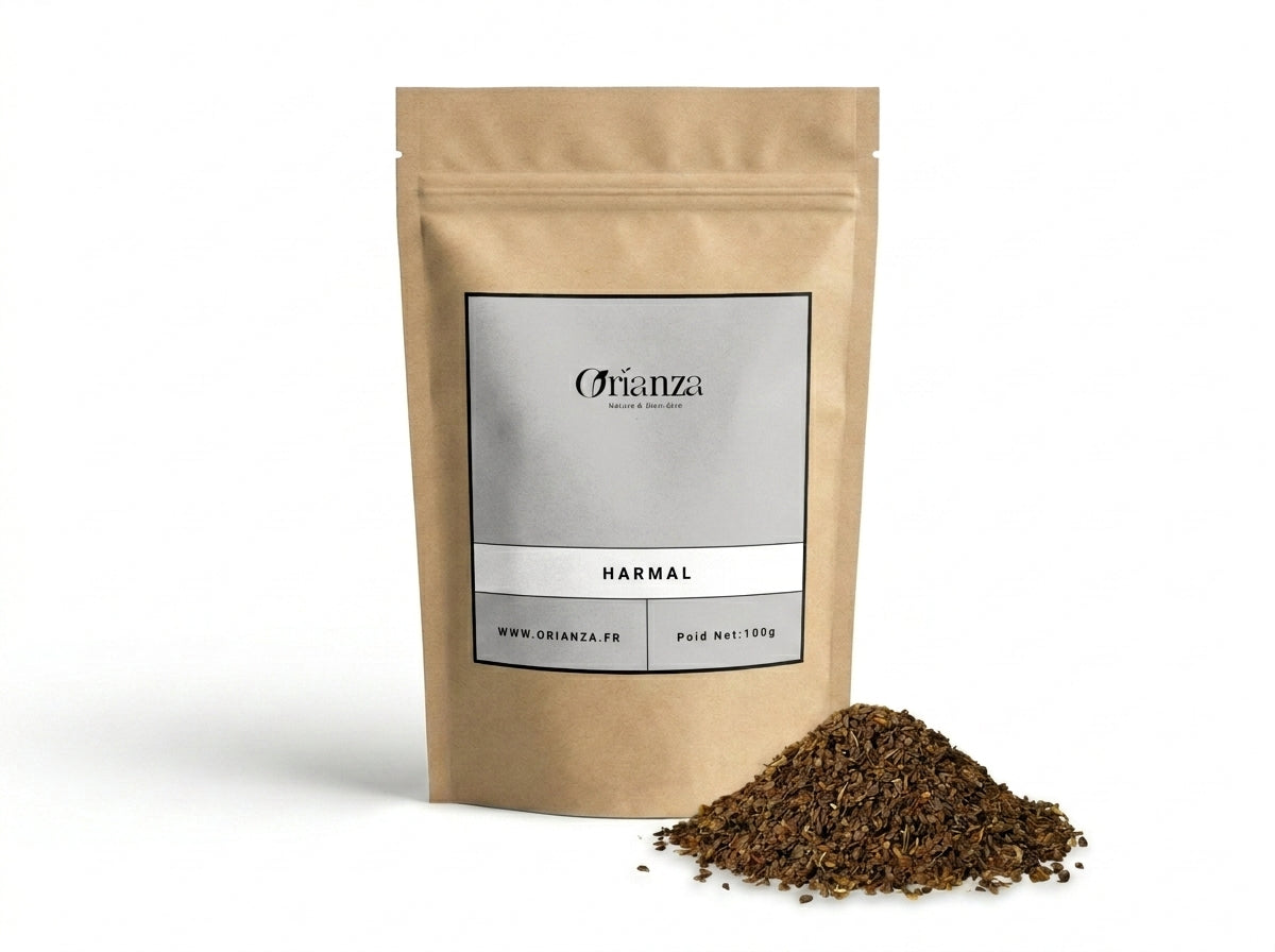 Sachet d'apothicaire en kraft de Graines de Harmal Orianza Selection, encens de purification avec quelques graines à côté.