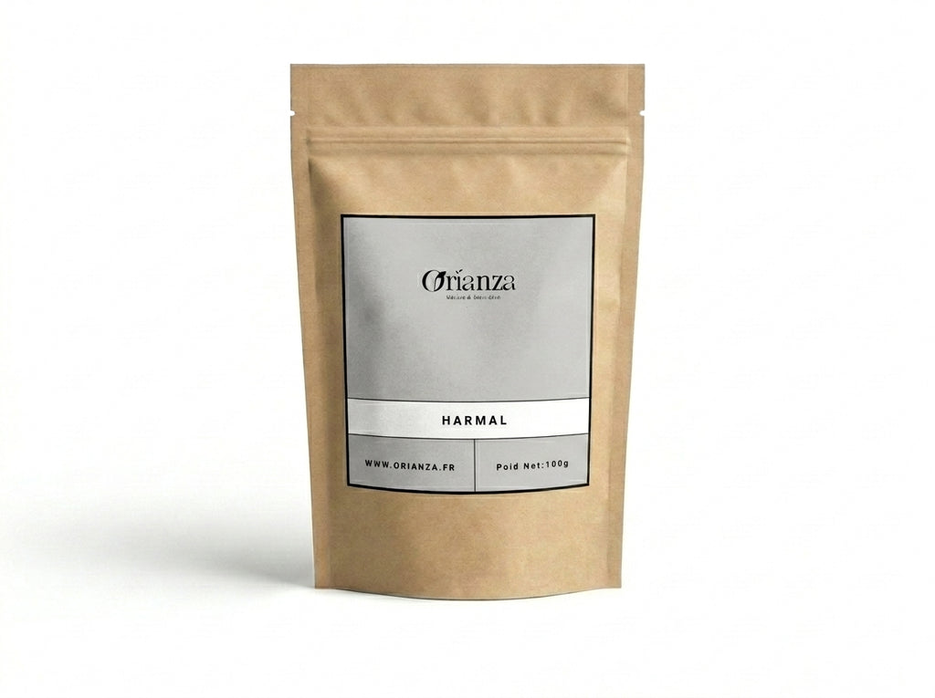 Sachet kraft de Graines de Harmal de la marque Orianza, emballage étanche de qualité herboristerie protégeant la matière.
