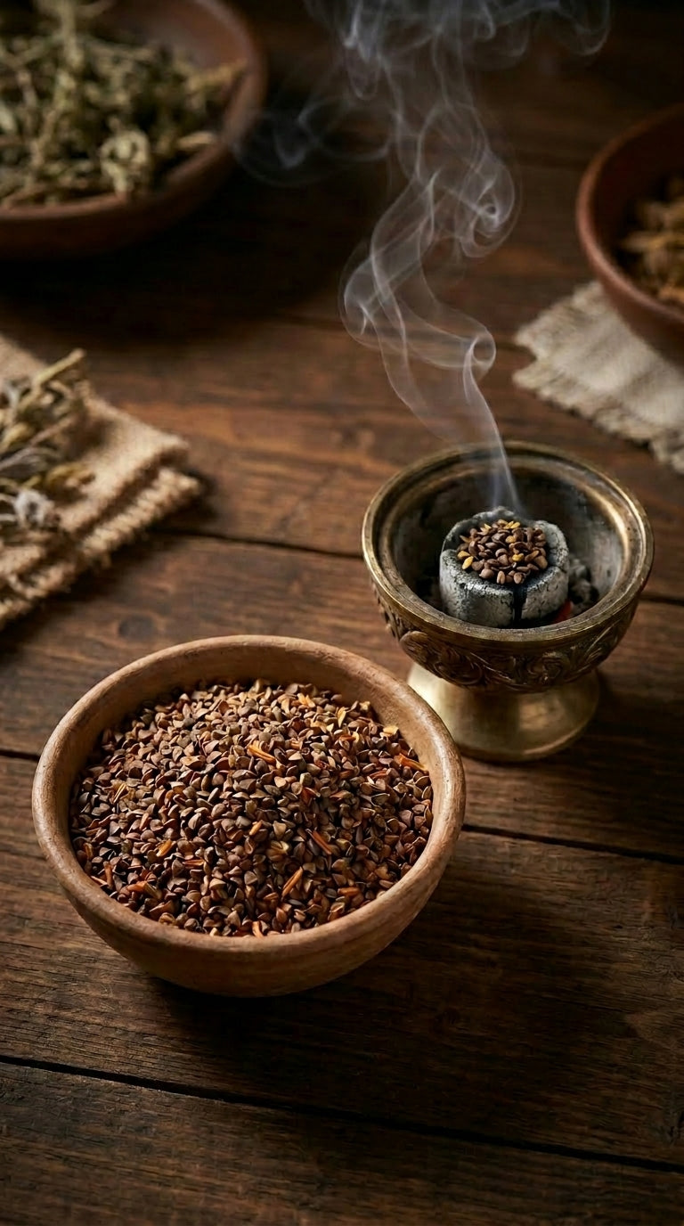 Rituel de fumigation protectrice avec les graines de Harmal Orianza brûlant sur un charbon ardent posé sur un magnifique encensoir.