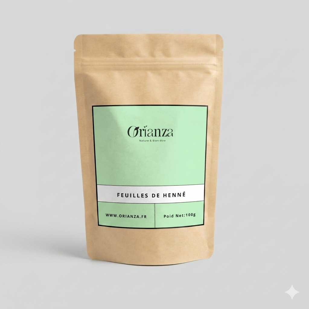 Sachet kraft de Feuilles de Henné de la marque Orianza, emballage hermétique de haute protection préservant les pigments colorants.