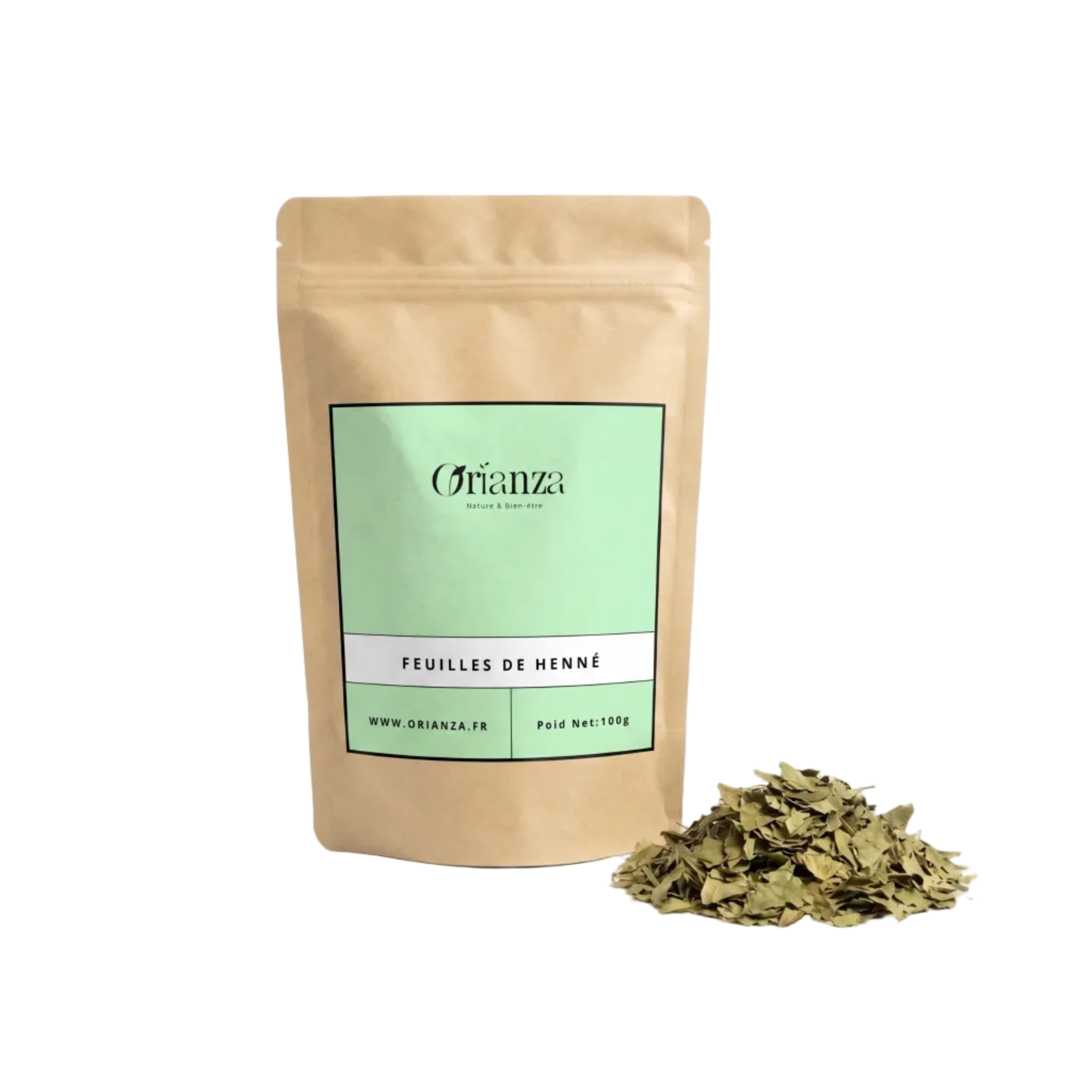 Sachet d'apothicaire en kraft de Feuilles de Henné Naturel Orianza Selection, soin capillaire pur avec quelques feuilles entières à côté.