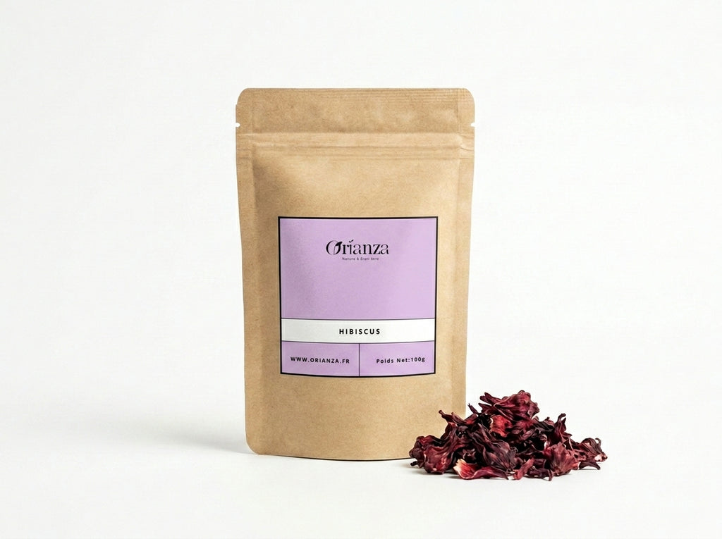 Sachet d'apothicaire en kraft de Fleurs d'Hibiscus Entières Orianza Selection, Karkadé pur pour boisson Bissap.