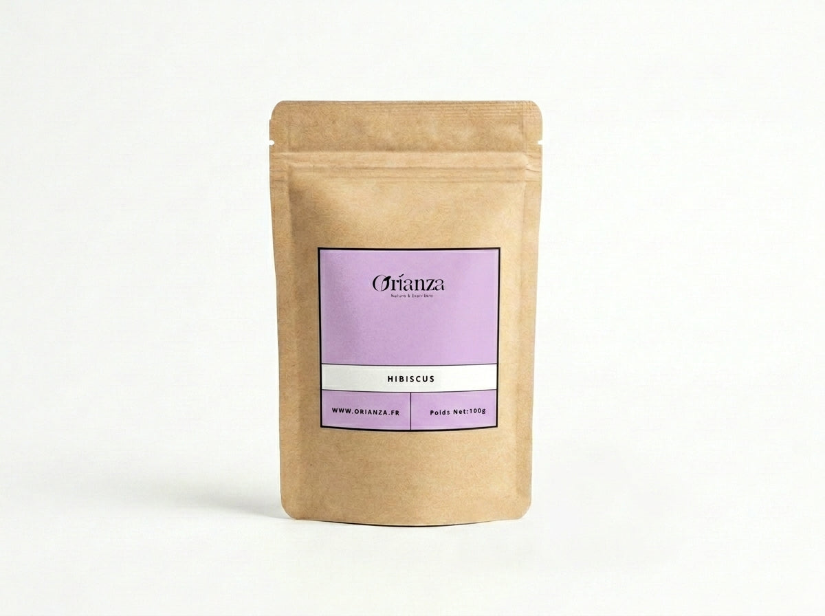 Sachet d'apothicaire en kraft de Fleurs d'Hibiscus Entières Orianza Selection, Karkadé pur pour boisson Bissap.