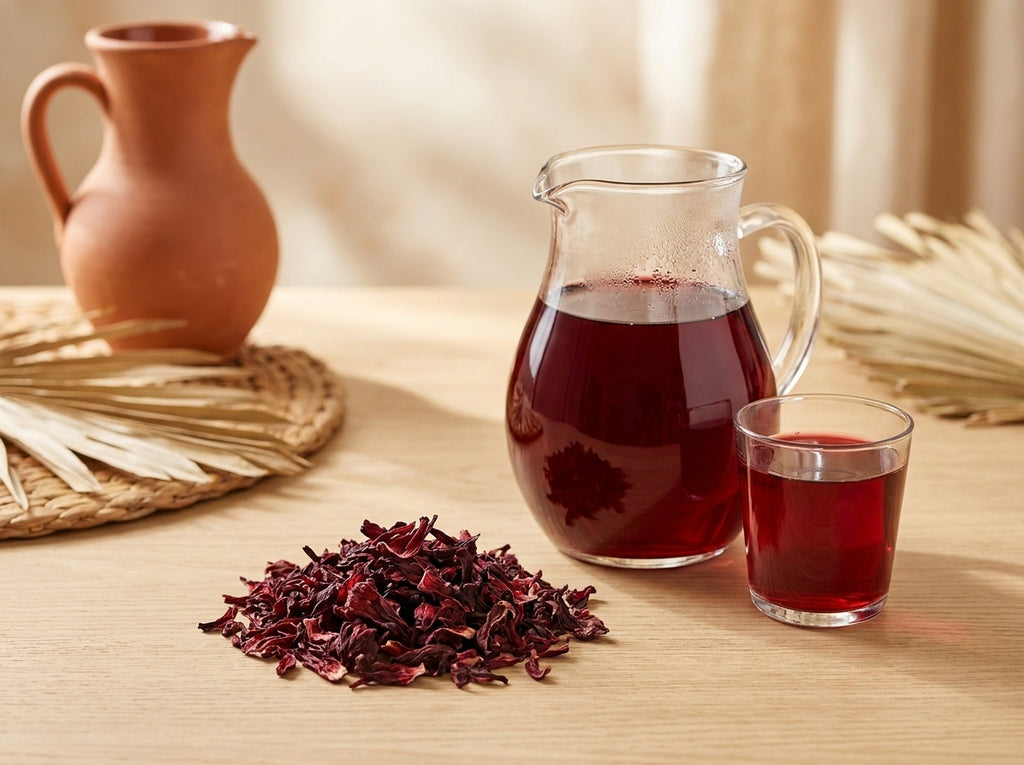 Verre de Bissap glacé rafraîchissant de couleur pourpre avec des glaçons et des fleurs d'hibiscus d'Orianza.