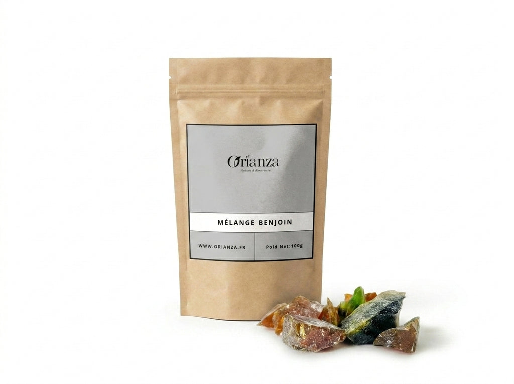 Sachet d'apothicaire en kraft de Benjoin Jaoui Mixte Orianza Selection, résines de purification avec quelques larmes de résine à côté.