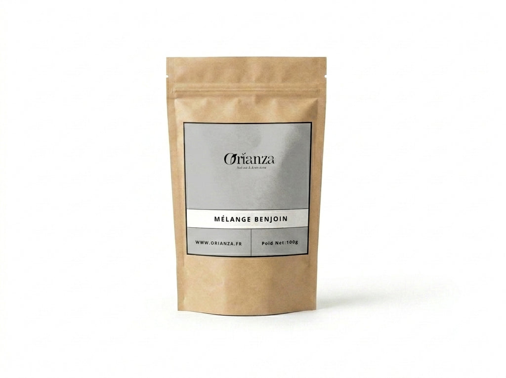 Sachet kraft de Mélange Benjoin Jaoui Mixte de la marque Orianza, emballage hermétique protégeant la richesse aromatique des résines.