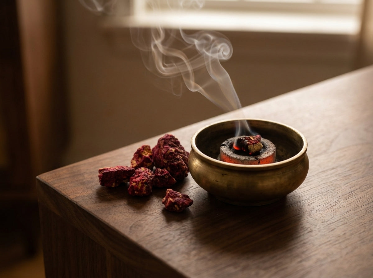 Rituel de purification traditionnelle avec le sachet de Benjoin Rouge Jaoui Orianza posé à côté d'une magnifique encensoir fumant.