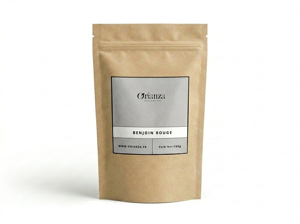 Sachet kraft de Benjoin Rouge Intense de la marque Orianza, emballage hermétique protégeant la richesse aromatique de la résine.