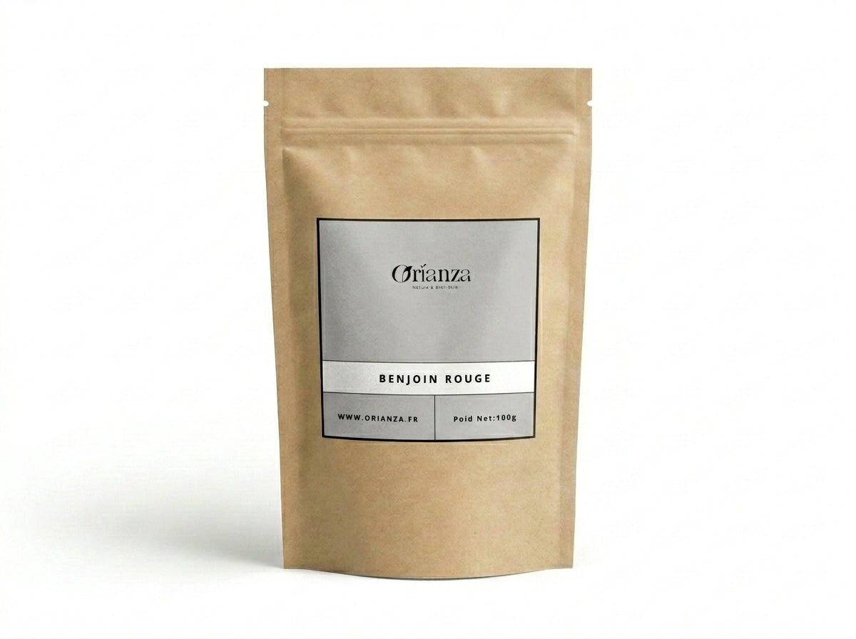Sachet kraft de Benjoin Rouge Intense de la marque Orianza, emballage hermétique protégeant la richesse aromatique de la résine.