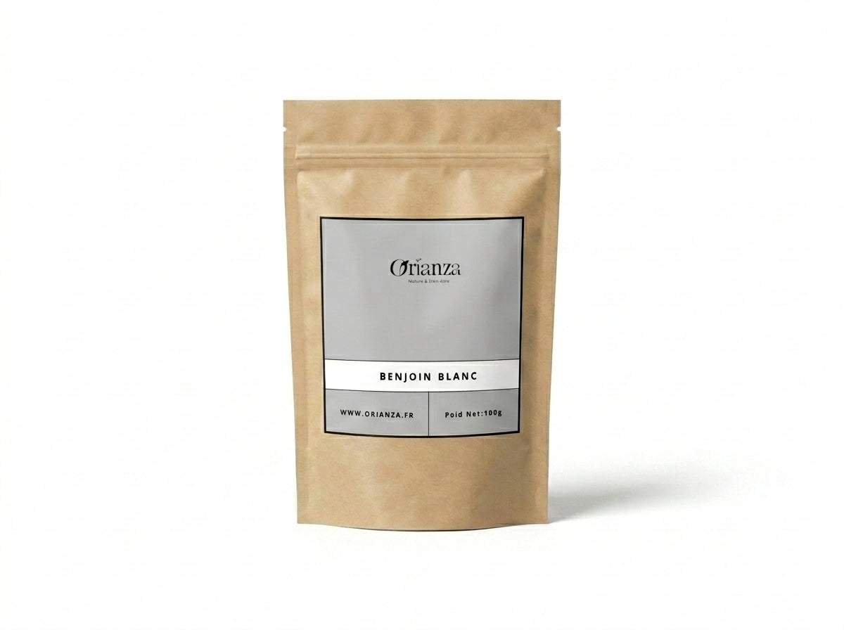 Sachet kraft de Benjoin Blanc Naturel de la marque Orianza, emballage hermétique protégeant la richesse aromatique de la résine.