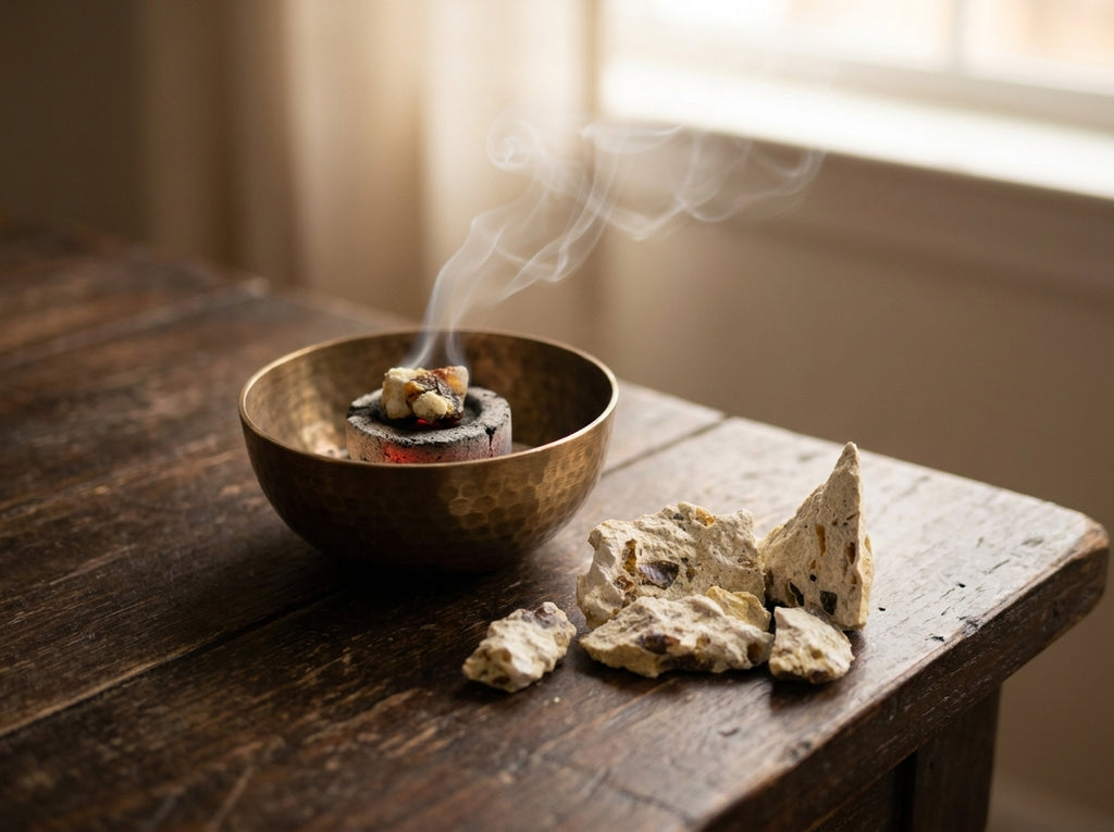 Rituel de relaxation avec le sachet de Benjoin Blanc Jaoui Orianza posé à côté d'une magnifique encensoir fumant sur charbon.