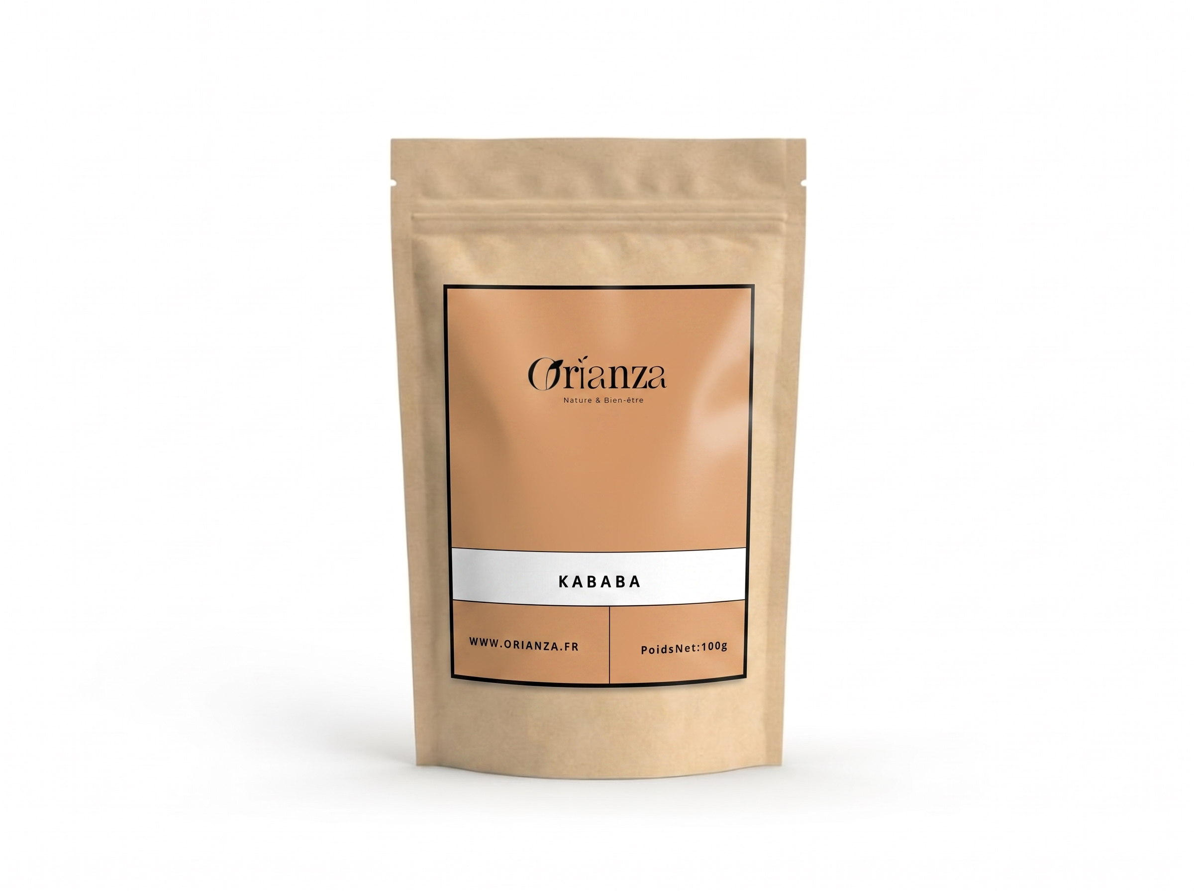 Sachet kraft de Poivre à Queue Cubèbe de la marque Orianza, emballage hermétique de haute protection préservant la fraîcheur de l'épice.