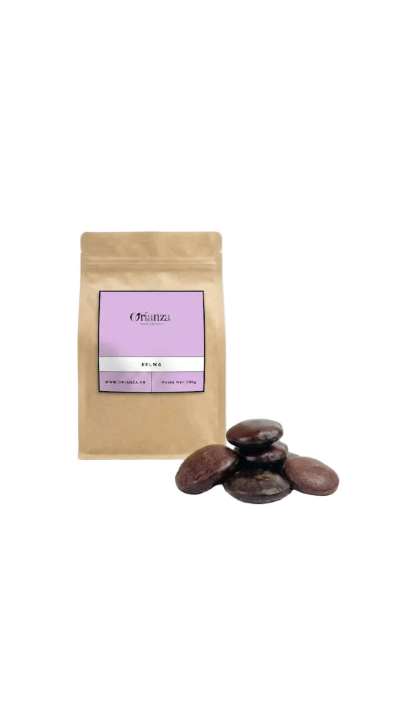 Sachet d'apothicaire en kraft de Graine de Kelwa Orianza Selection, disque de lune pure pour la fertilité avec quelques graines à côté.