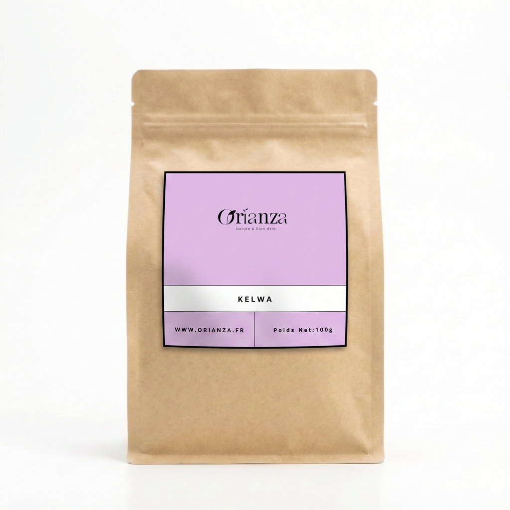 Sachet kraft de Graine de Kelwa Traditionnelle de la marque Orianza, emballage hermétique protégeant les principes de la pharmacopée.