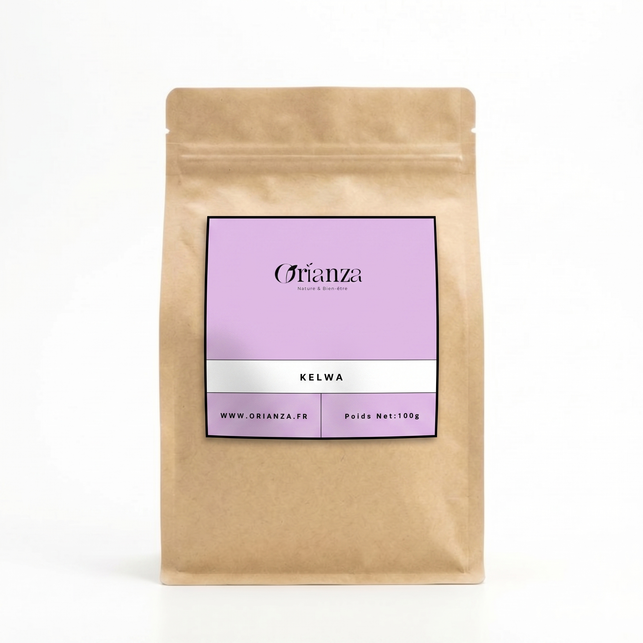 Sachet kraft de Graine de Kelwa Traditionnelle de la marque Orianza, emballage hermétique protégeant les principes de la pharmacopée.