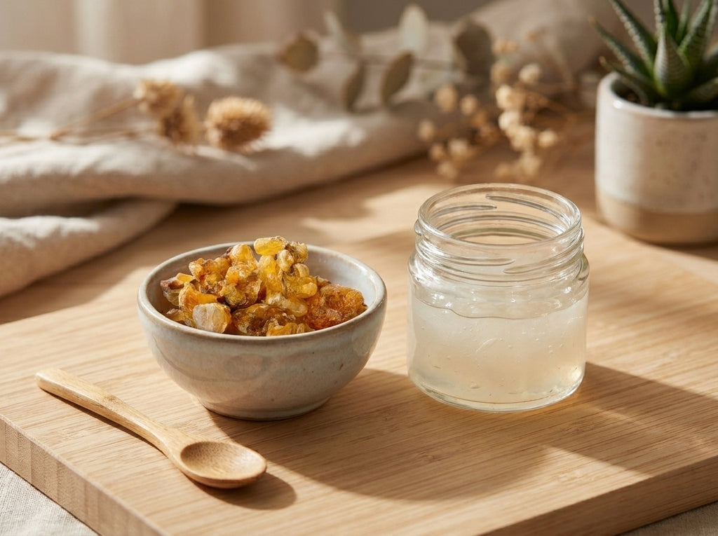 Rituel capillaire hydratant avec la Kthira Orianza préparée sous forme de gel fluide et soyeux, débordant d'un bol d'eau pour l'application du masque.