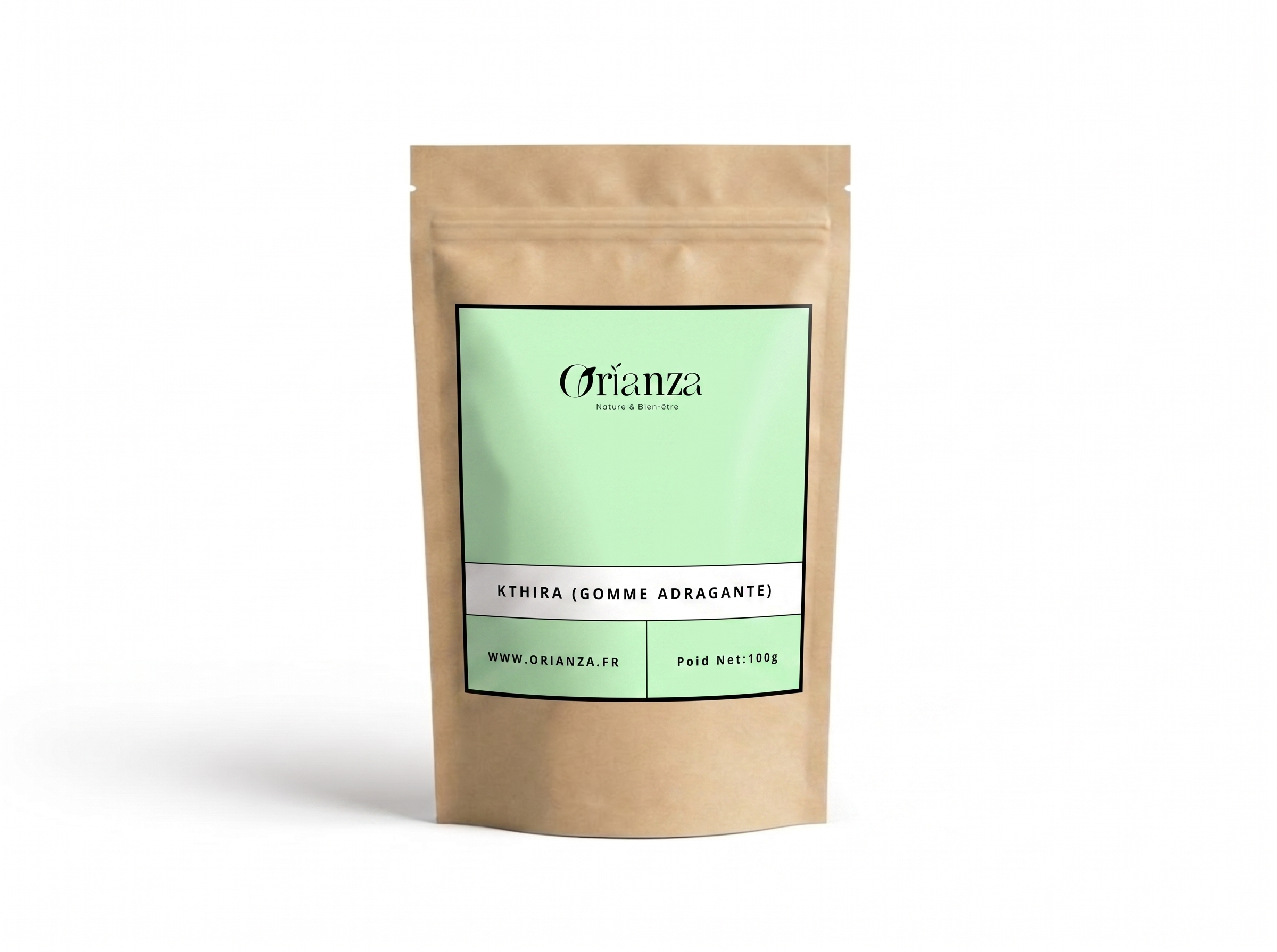 Sachet kraft de Kthira Capillaire de la marque Orianza, emballage hermétique protégeant les propriétés dermo-actives de la résine.