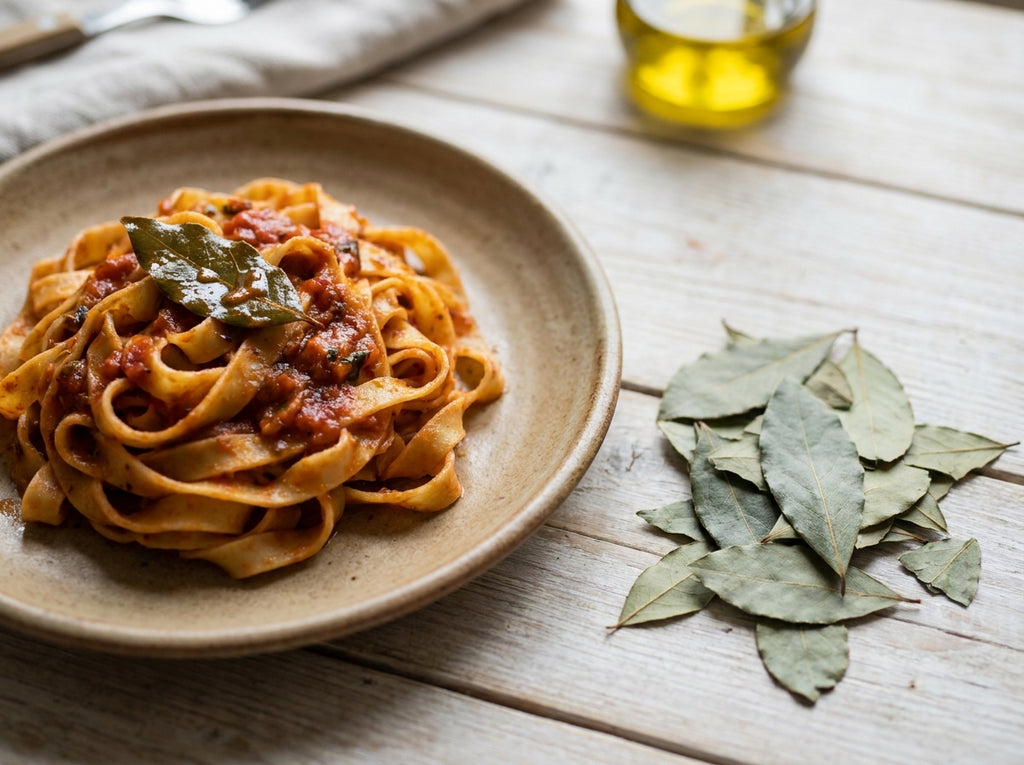 Assiette de pâtes à la sauce tomate parfumée aux feuilles de laurier noble Orianza