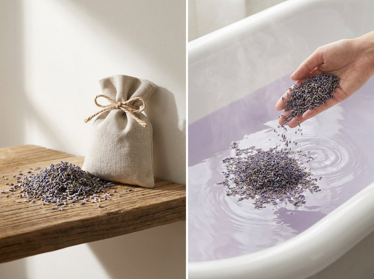 Un bain chaud et relaxant où flottent de véritables fleurs de lavande naturelle Orianza infusant doucement dans l'eau du sachet.