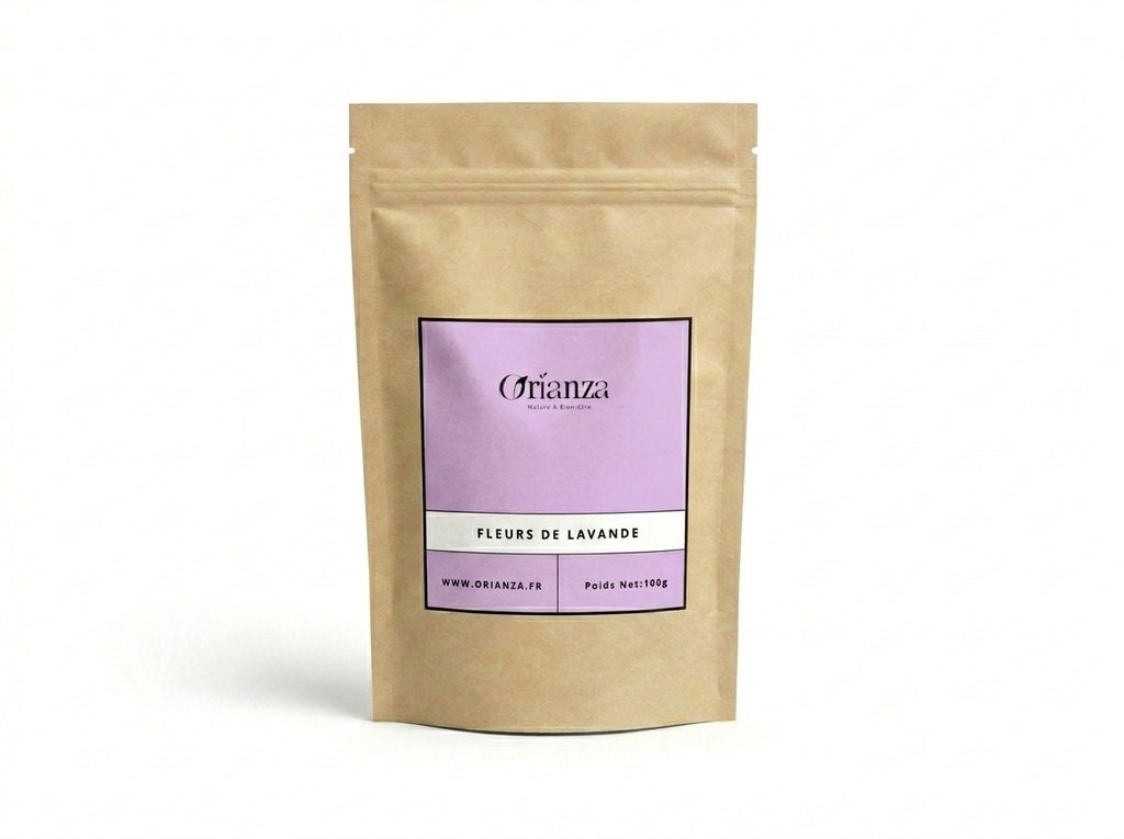 Sachet kraft de Fleurs de Lavande de la marque Orianza, emballage hermétique préservant l'arôme floral et pur de la plante.