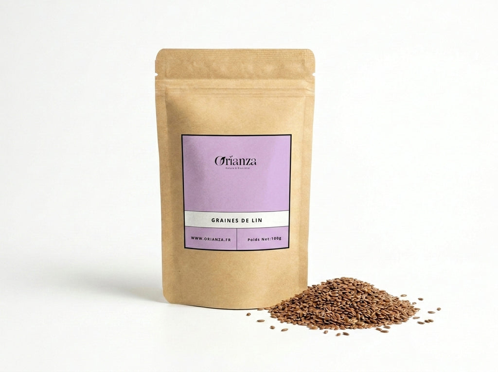 Sachet d'apothicaire en kraft de Graines de Lin Brun Orianza Selection, super-aliment riche en Oméga-3 avec quelques graines à côté.
