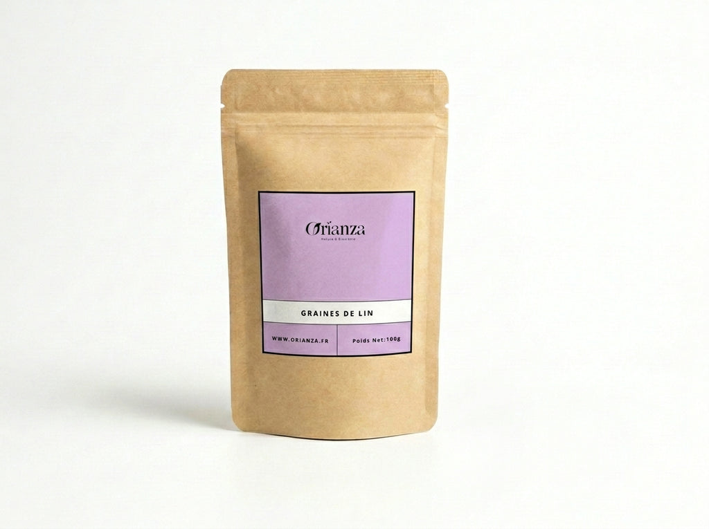 Sachet kraft de Graines de Lin Brun de la marque Orianza, emballage hermétique garantissant la fraîcheur des nutriments.