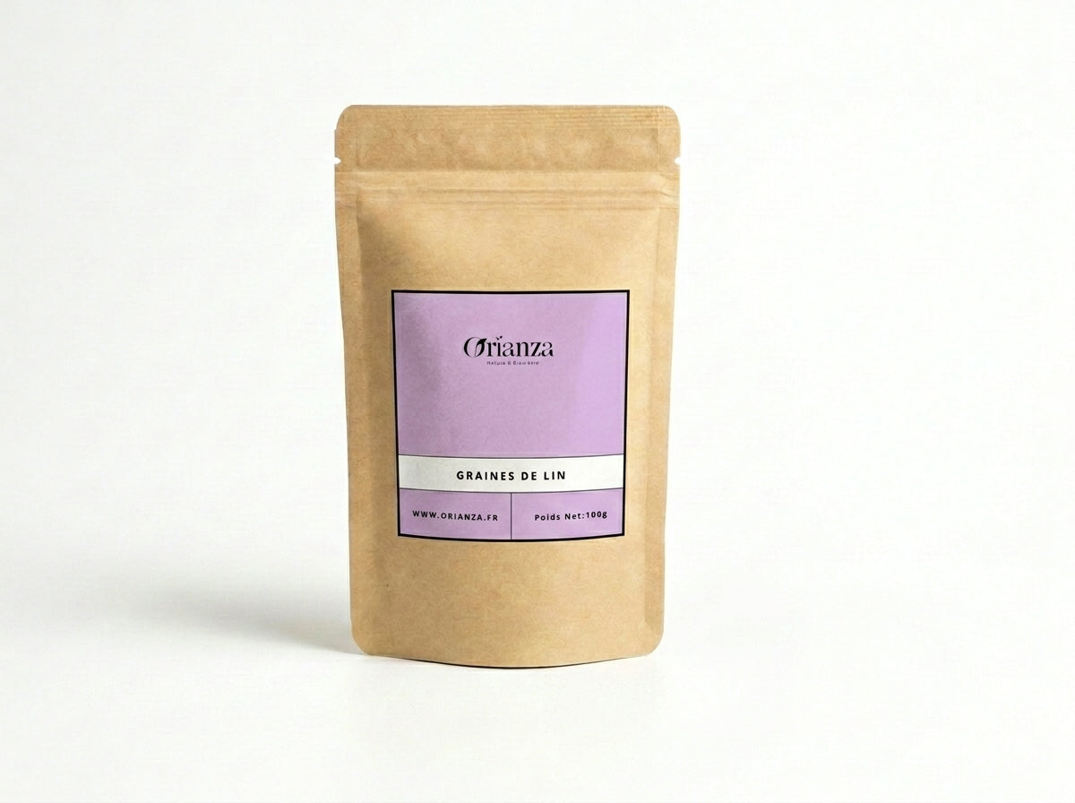 Sachet kraft de Graines de Lin Brun de la marque Orianza, emballage hermétique garantissant la fraîcheur des nutriments.