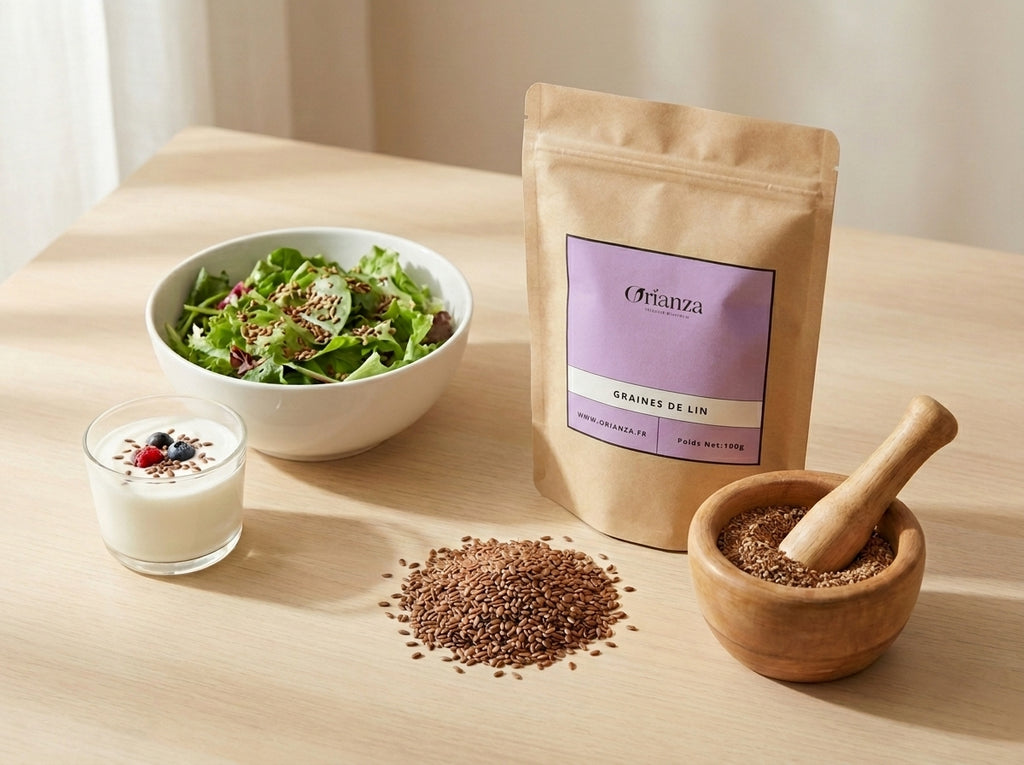Utilisation culinaire des graines de lin brun Orianza parsemées sur une salade fraîche et un granola bowl nutritif.