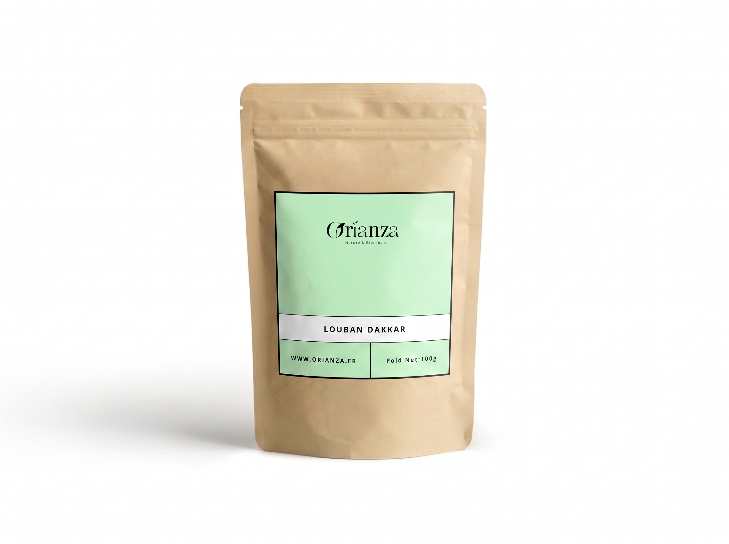 Sachet kraft d'Oliban Louban Dakkar de la marque Orianza, emballage hermétique protégeant la qualité et les acides boswelliques.
