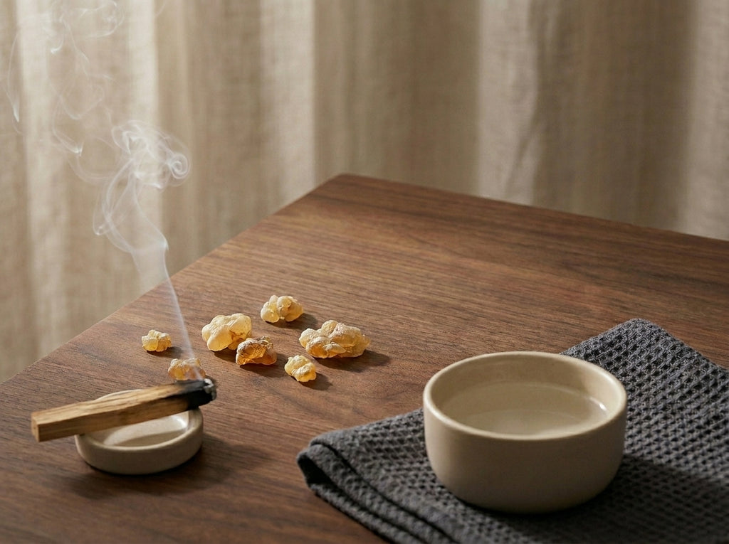 Rituel de beauté et bien-être avec le Louban Dakkar Orianza, présenté à côté d'un petit bol d'eau pour masque et d'un encensoir fumant.