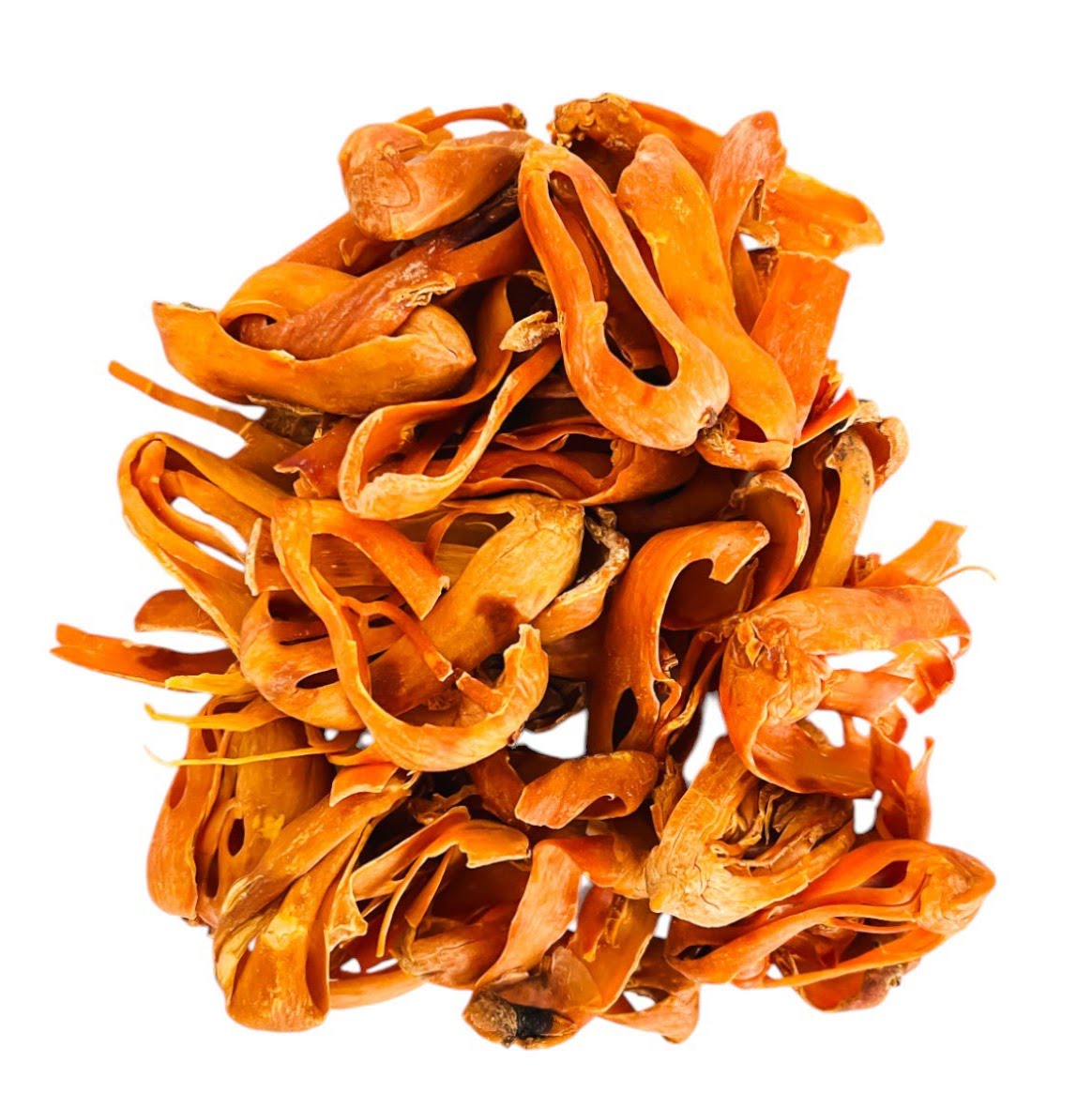 Gros plan herboriste sur la couleur orange ambrée et la texture en dentelle des morceaux de macis pur.